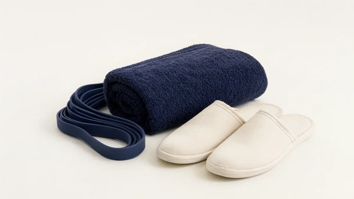 A resistance band, folded towel and plain canvas shoes.