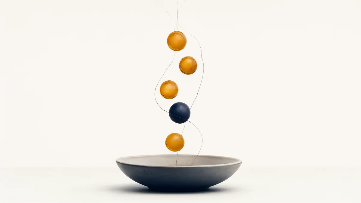 An abstract mobile of spheres above a ceramic bowl.
