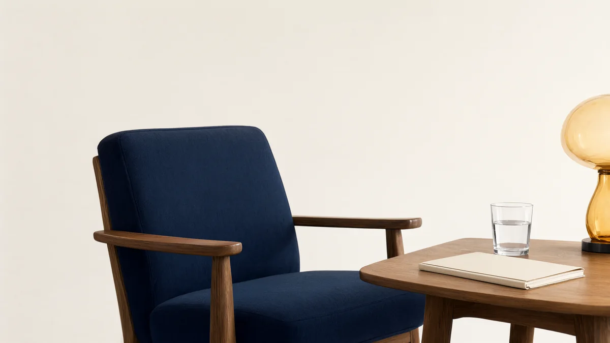An empty navy chair beside a notebook, water glass and lamp.