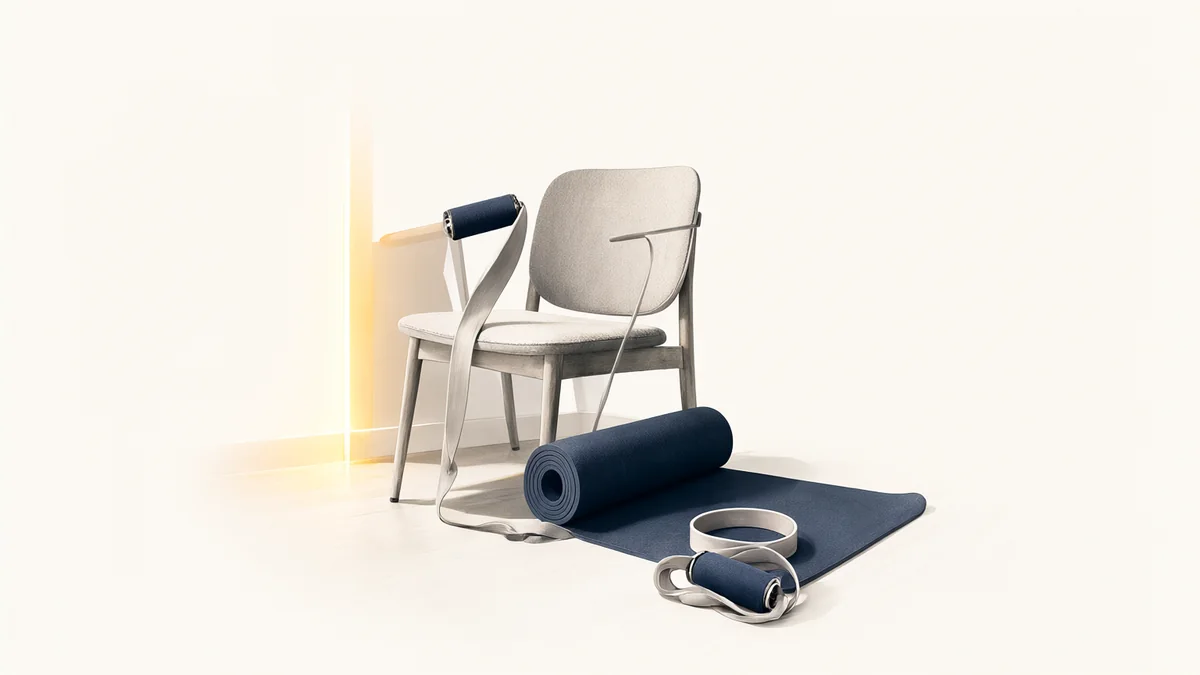 A chair, exercise mat and resistance band in a home exercise space.