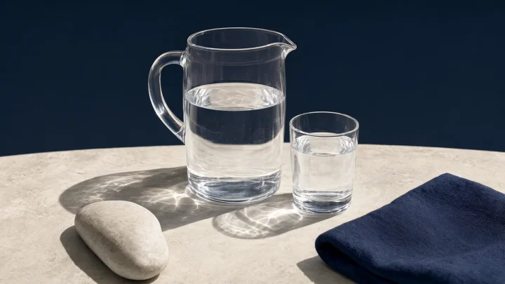 A clear water pitcher and glass beside a pale stone and navy cloth.