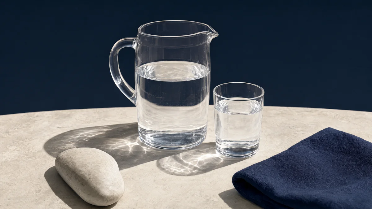 A clear water pitcher and glass beside a pale stone and navy cloth.