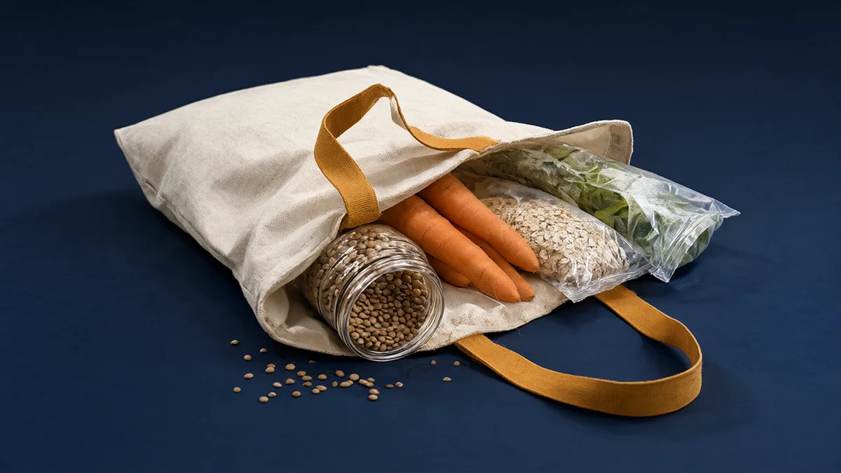 A reusable grocery bag with grains, lentils and vegetables.