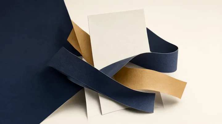 Navy, amber and pale paper structures interlock in an open sculptural arrangement.