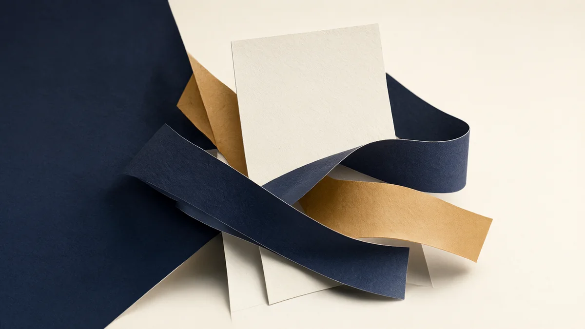 Navy, amber and pale paper structures interlock in an open sculptural arrangement.