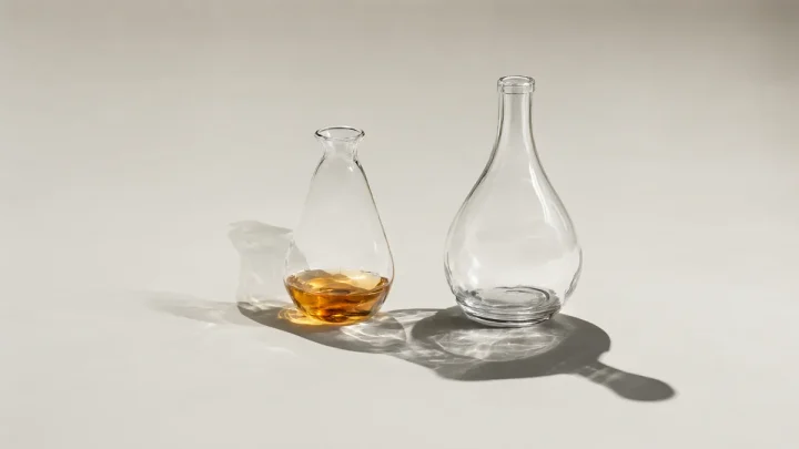 Two glass forms casting overlapping shadows on a pale surface.