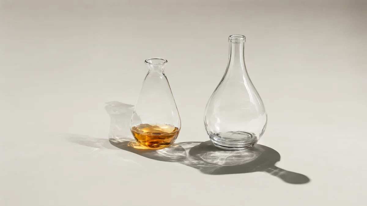 Two glass forms casting overlapping shadows on a pale surface.