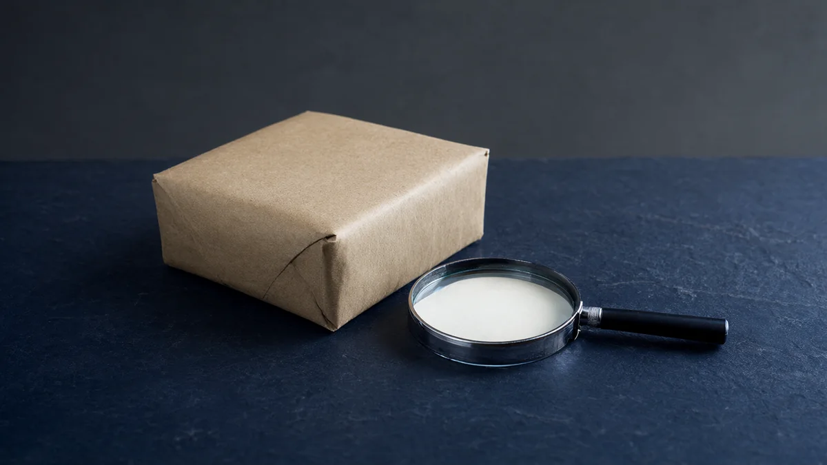 An unmarked paper parcel beside a magnifying glass.