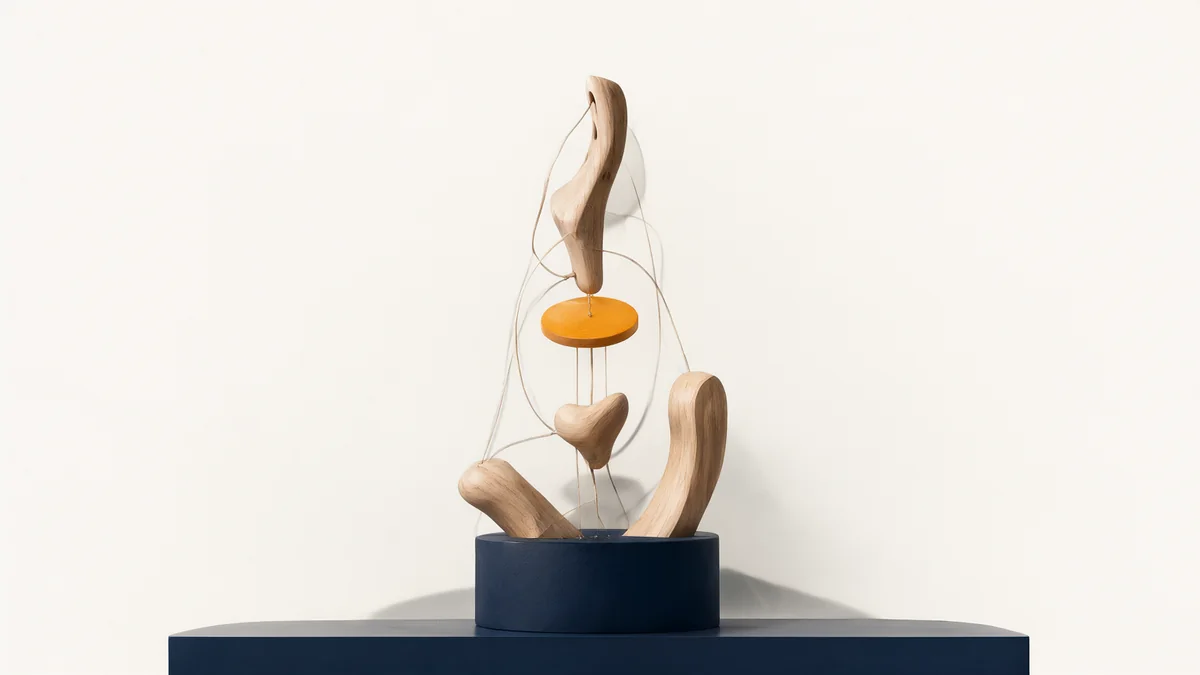 An abstract hanging balance with wooden forms at different heights.