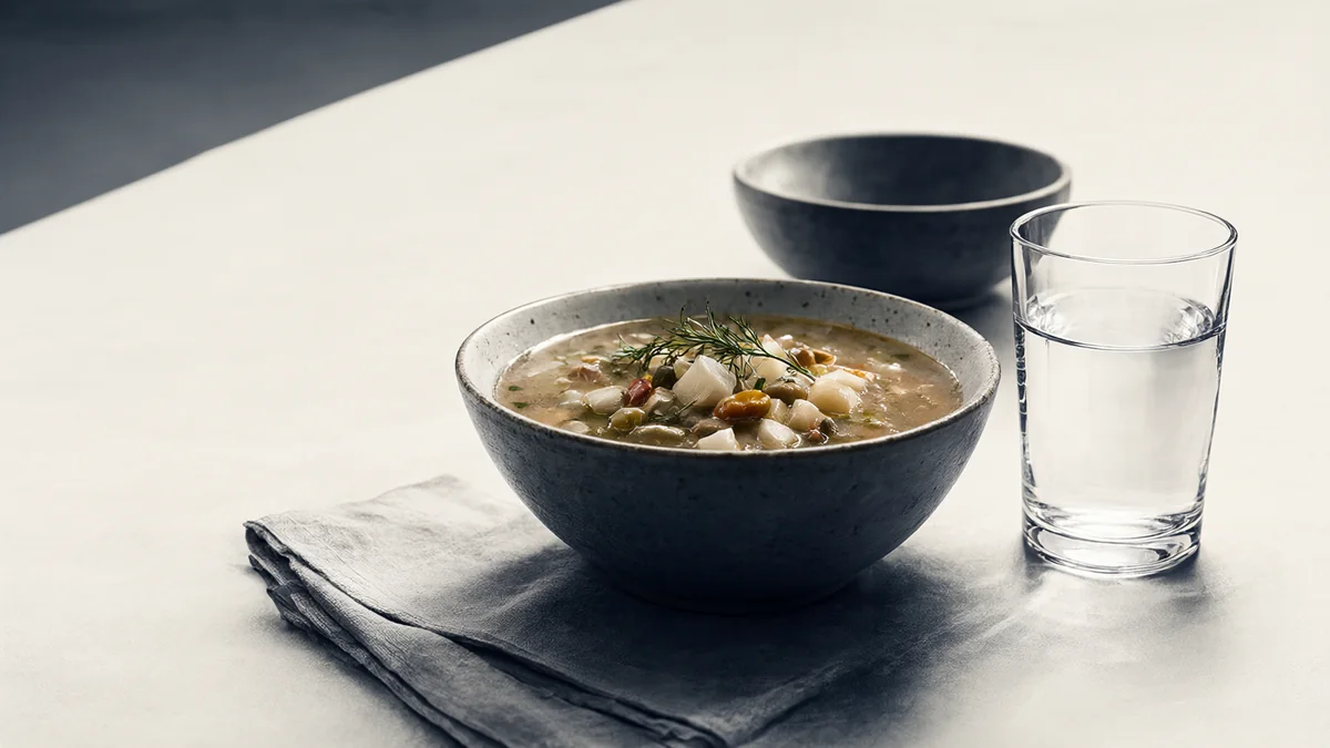 A small bowl of soup and a glass of water on a quiet table.