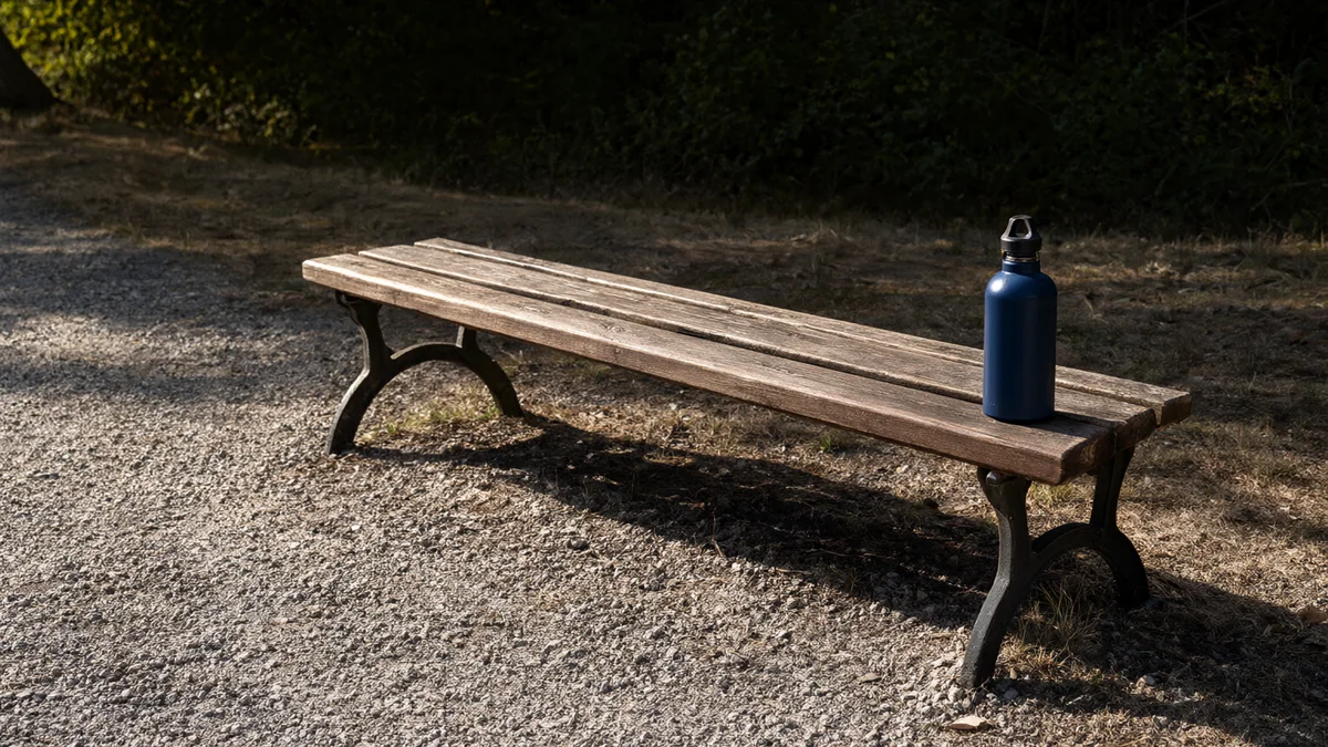 An empty park bench and water bottle beside a walking path.