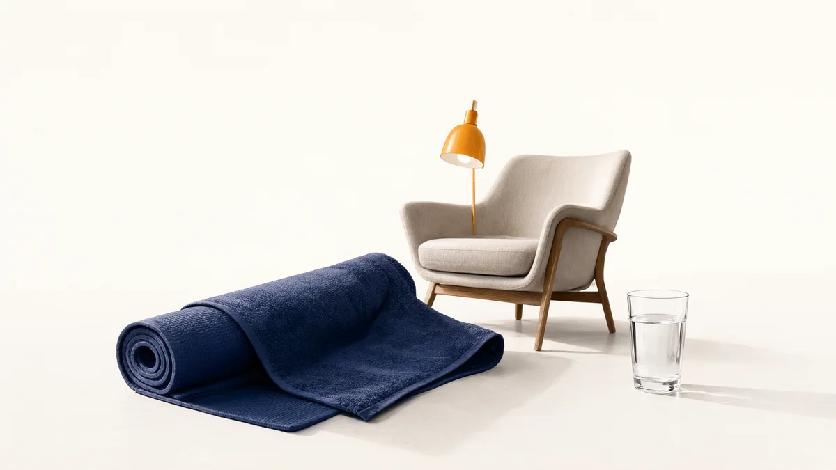 An exercise mat and towel beside a reading chair and lamp.