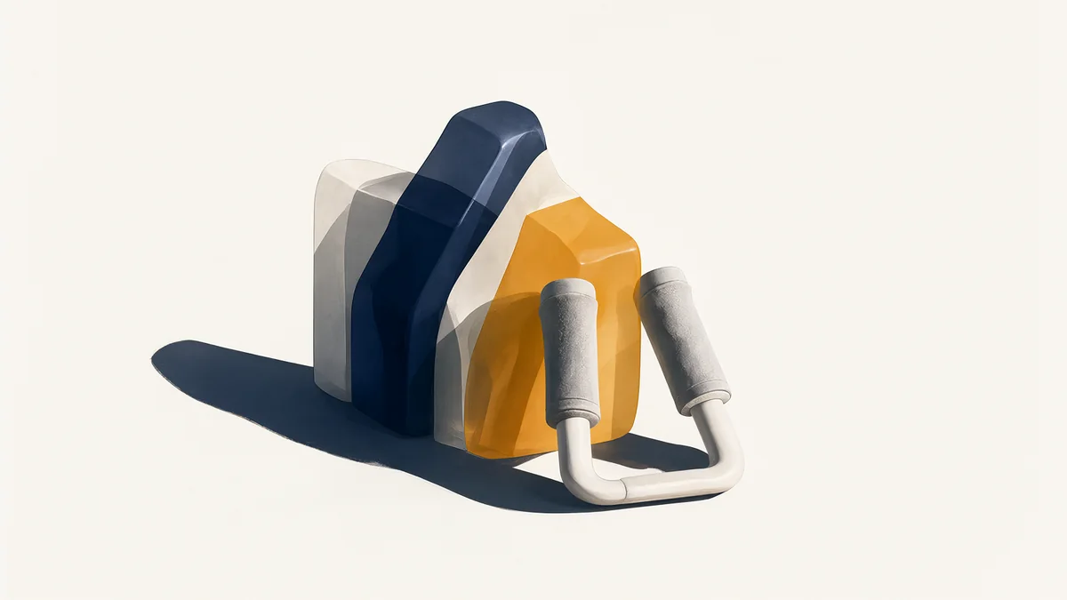 Layered abstract blocks beside a hand grip exerciser.