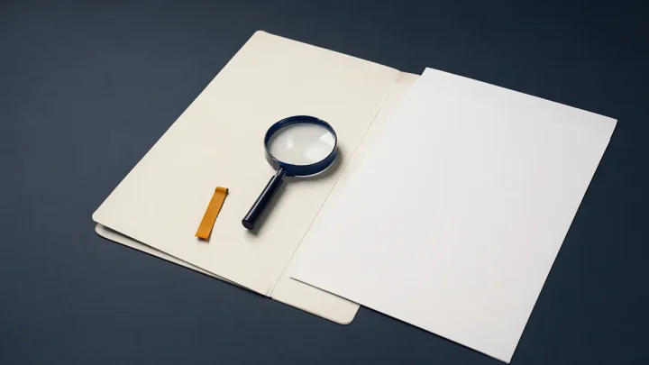 Blank regulatory documents beside a magnifying glass and amber bookmark.