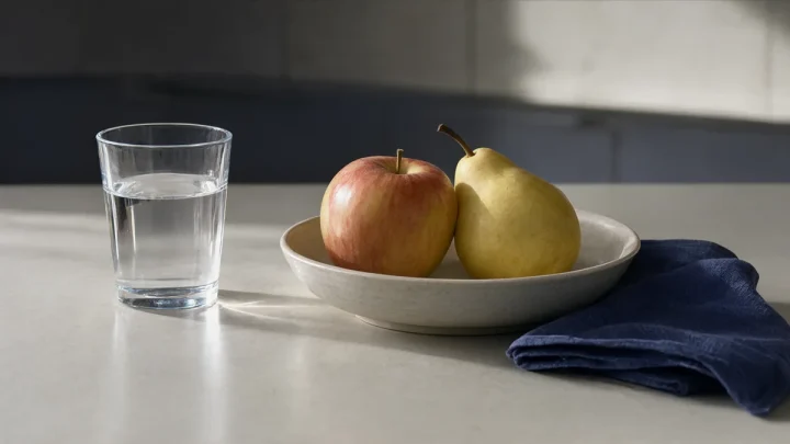 A water glass beside a bowl of fruit and folded napkin.