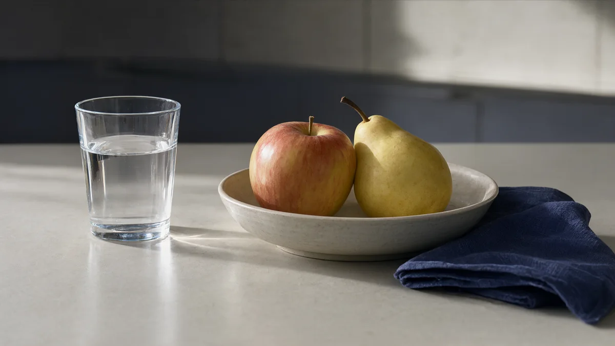 A water glass beside a bowl of fruit and folded napkin.