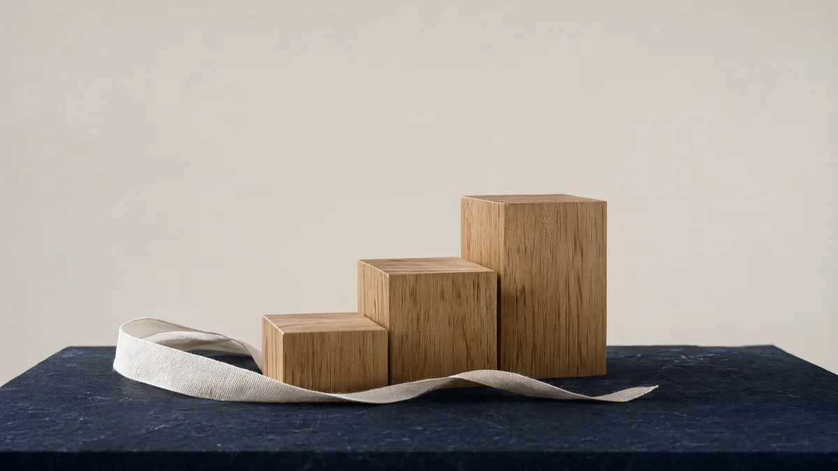 Three plain wooden blocks forming shallow steps beside a linen ribbon.