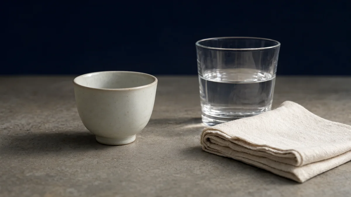 A small ceramic cup and water glass beside folded linen.