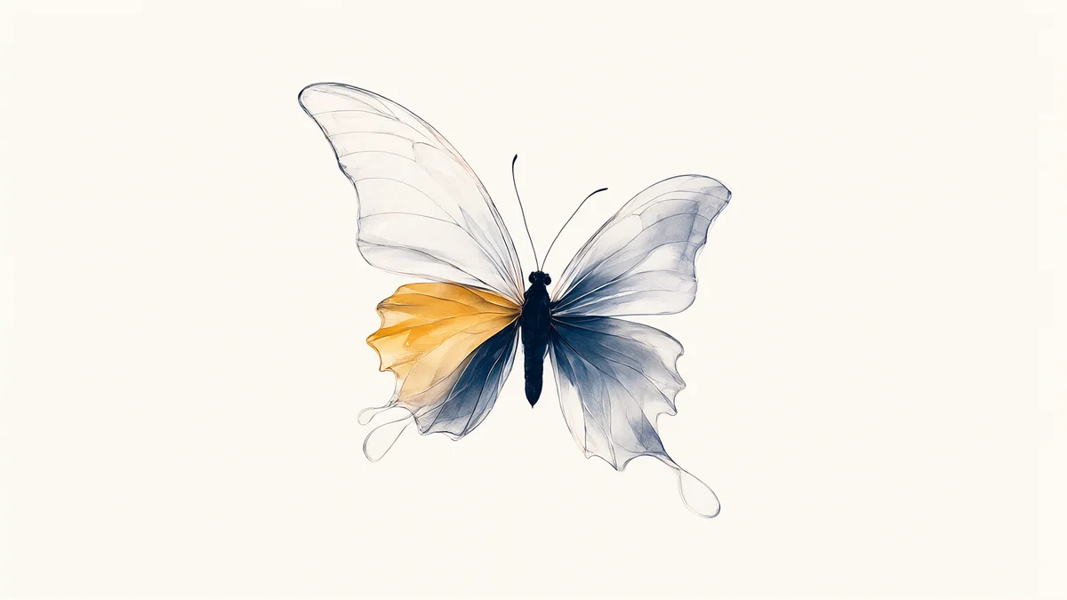 A simple abstract butterfly silhouette formed from translucent glass shapes; calm neutral background; no anatomical labels or tumor illustration