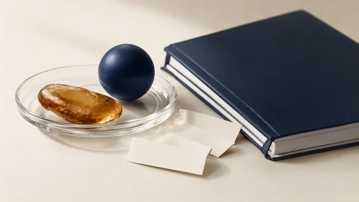 Glass dish, abstract colored forms and paper on a softly lit desk.