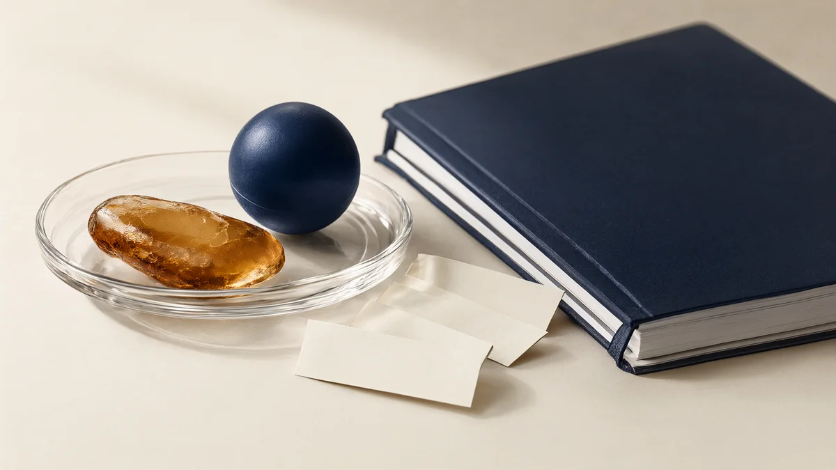 Glass dish, abstract colored forms and paper on a softly lit desk.