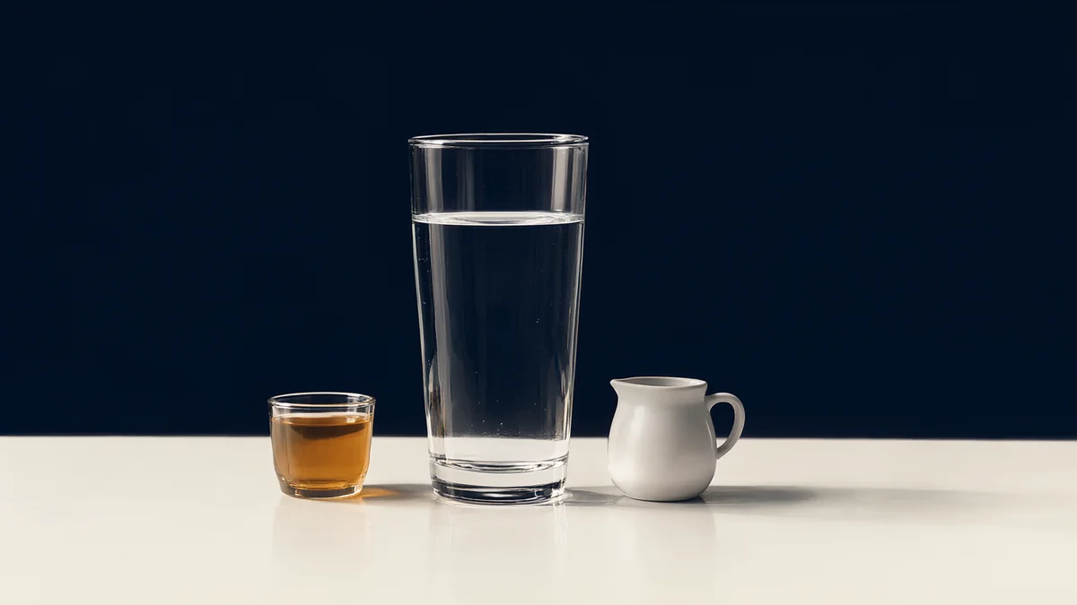 A water glass, tea cup and milk pitcher arranged on a table.