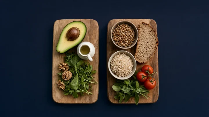 Two wooden boards with avocado, nuts and greens on one, and lentils, rice, whole-grain bread and vegetables on the other.