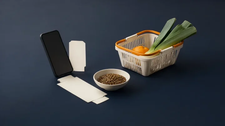 A blank phone beside meal-planning cards and a small grocery basket.