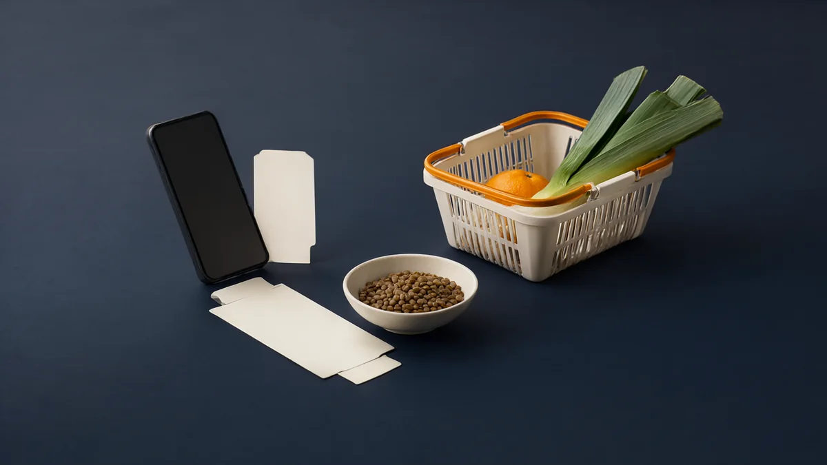 A blank phone beside meal-planning cards and a small grocery basket.