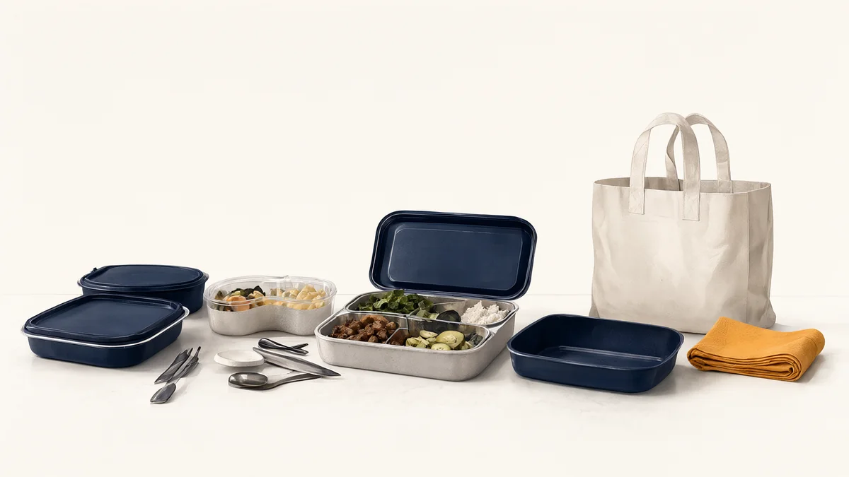 Meal containers and a shopping tote ready for a busy week.