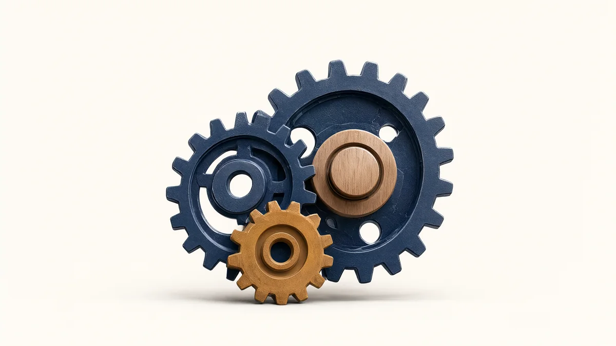 Interlocking abstract gears and an unmarked wooden dial.