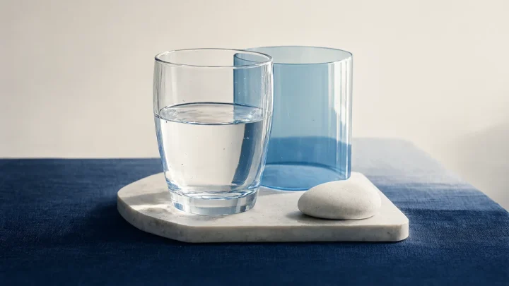 A water glass and abstract glass and stone forms on a pale tray.