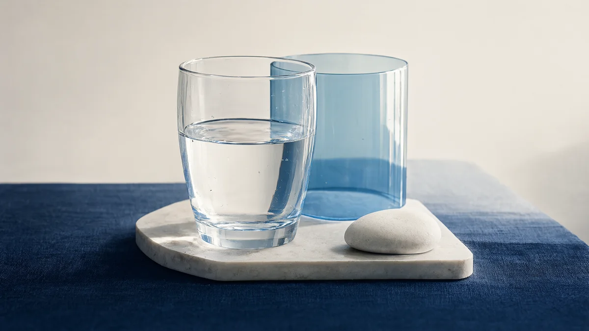 A water glass and abstract glass and stone forms on a pale tray.