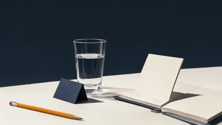 A water glass stands beside a folded paper marker and an open blank notebook.