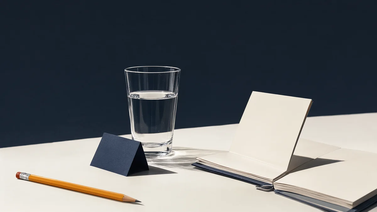 A water glass stands beside a folded paper marker and an open blank notebook.