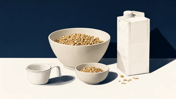 Two bowls of cereal beside an unmarked carton and a plain cup.