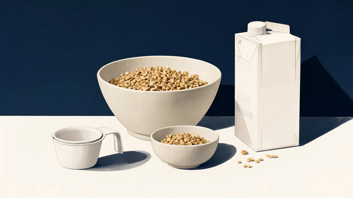 Two bowls of cereal beside an unmarked carton and a plain cup.