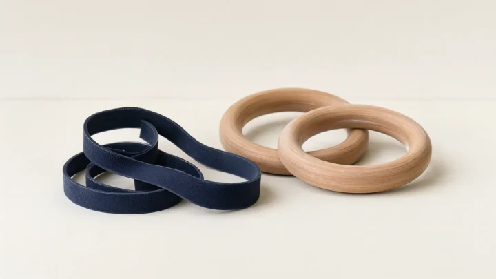 Resistance bands and plain wooden exercise rings.