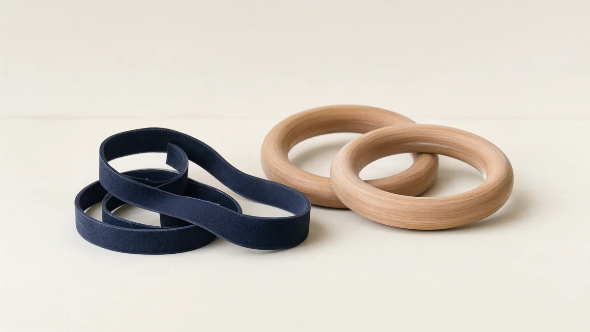 Resistance bands and plain wooden exercise rings.