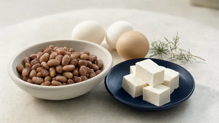 Cooked beans, white tofu blocks and intact eggs arranged with a leafy herb.