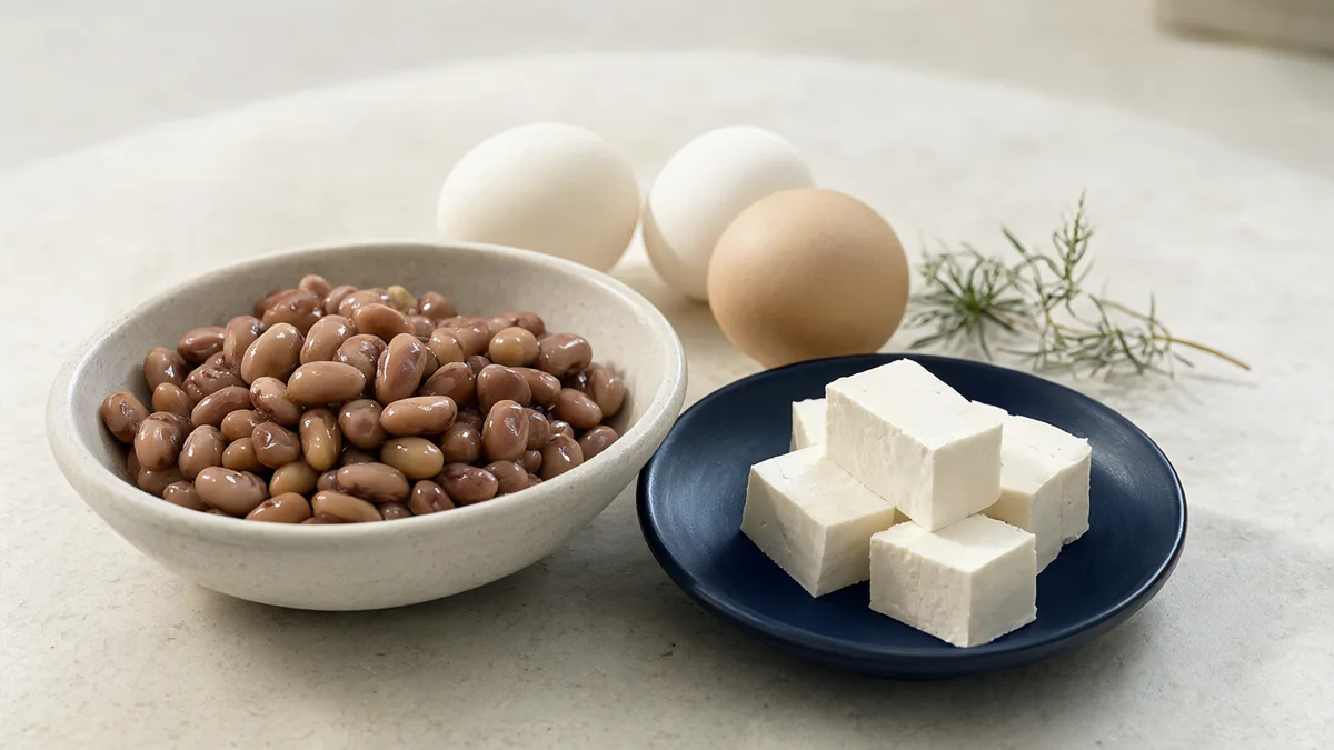 Cooked beans, white tofu blocks and intact eggs arranged with a leafy herb.