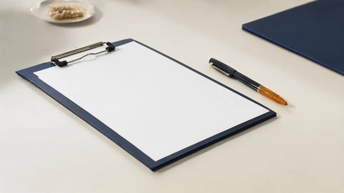 A blank clipboard and pen beside a closed notebook.