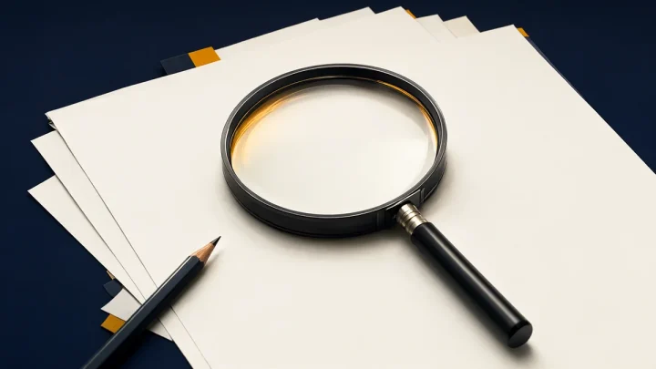 A large magnifying glass rests over layered blank research sheets with colored tabs.