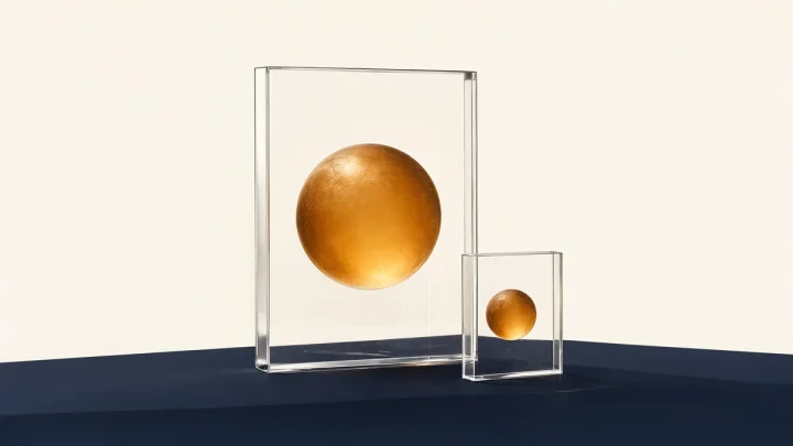 Two differently sized amber spheres set within transparent rectangular frames.