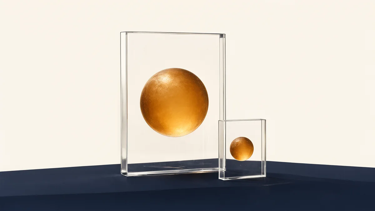 Two differently sized amber spheres set within transparent rectangular frames.