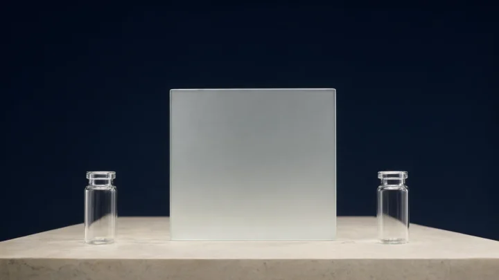 Two empty glass vials separated by a frosted-glass panel.