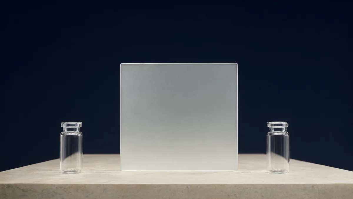 Two empty glass vials separated by a frosted-glass panel.