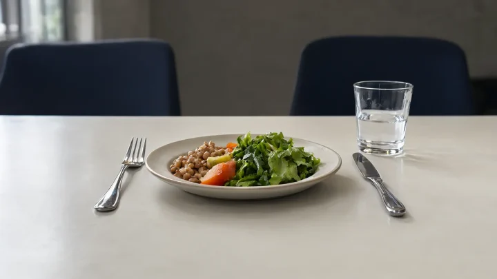 A vegetable-and-bean meal on a restaurant table with empty chairs behind it.