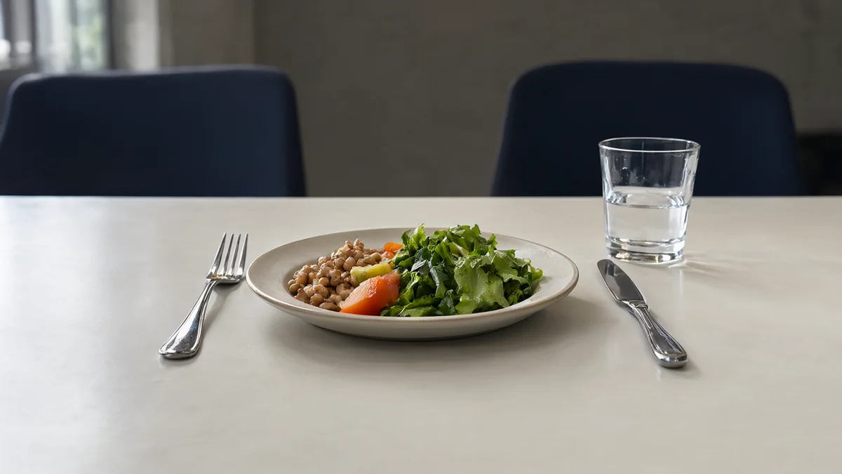 A vegetable-and-bean meal on a restaurant table with empty chairs behind it.