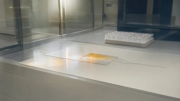 Reflected light on a glass-partitioned work surface beside a translucent rack.